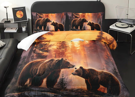 Rustic Brown Bear Comforter 3Pcs Twin Wild Hunting Animal Bear Bedding Set