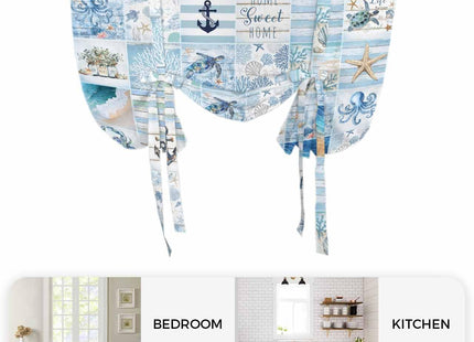 Blue Coastal Tie Up Curtains for Small Windows,Adjustable Rod Pocket Ocean Turtle Starfish Coral Valance 45 Inch Short for Bathroom Kitchen,Nautical Anchor Octopus Balloon Roman Blind Shade,34" x 45"