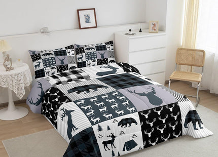 Feelyou Rustic Deer Bear Comforter Set Full, Camping Hunting Comforter Set for Kids Western Farmhouse Comforter Bear Antler Silhouette Duvet Set Breathable Quilt Set 3Pcs