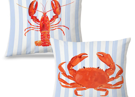 Exqcom Coastal Red Crab Lobster Pillow Covers 18x18 Set of 2, Blue and White Striped Coastal Nautical Crab Throw Pillow Covers for Bedroom Beach House Home, Preppy Beach Room Decor