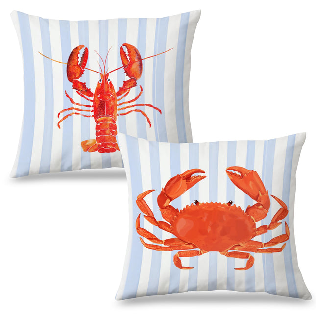 Exqcom Coastal Red Crab Lobster Pillow Covers 18x18 Set of 2, Blue and White Striped Coastal Nautical Crab Throw Pillow Covers for Bedroom Beach House Home, Preppy Beach Room Decor