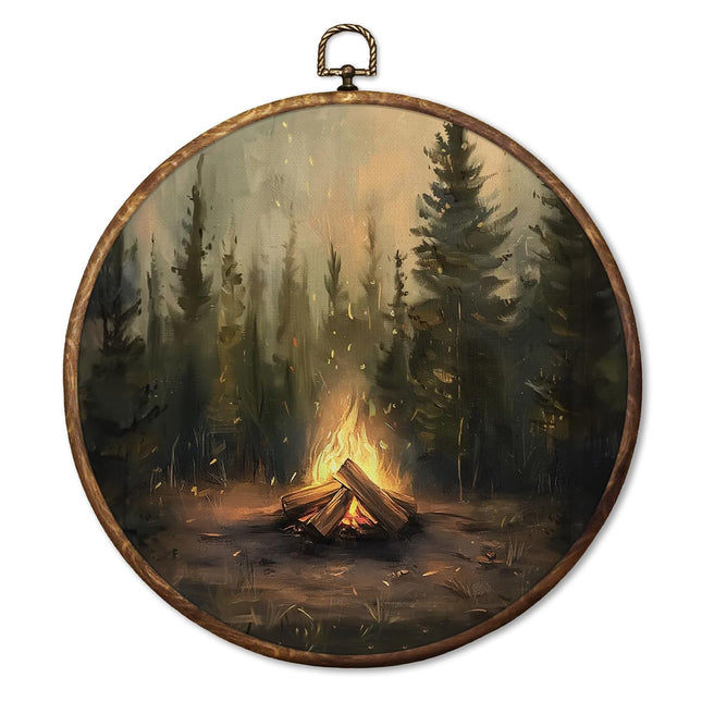 HUGANE Vintage Rustic Camping Round Wall Art Decor, Forest Campfire Camper Hanging Canvas Framed Prints Wall Sculptures for Camping RV Trailer Cabin Home Decor, 10x10 Inch