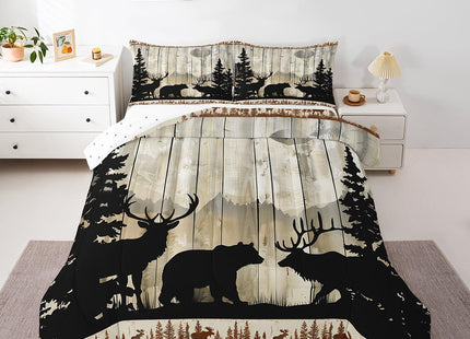 Feelyou Western Rustic Bear Deer Elk Comforter Set, Wooden Farmhouse Bedding Toddler, Hunting Wild Animal Quilt Forest Wildlife Hunting Bedding Comforter Sets Kids Boys Teens Adult Men Bedroom Decor