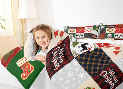 Homewish Merry Christmas Comforter Set Twin Size,Xmas Deer Santa Claus Pine Tree Bedding Set for Kids Girls Boys Red Green Grid Patchwork Plaid Quilt Set Winter Snowflake Duvet Insert,1 Pillowcase