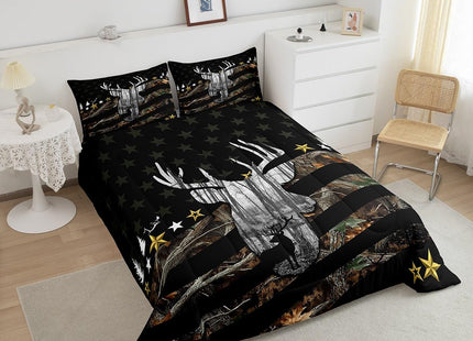 Deer Hunting Bedding Camo Antlers Bedding Comforter Sets for Boys Teens Youth Men Camouflage American Flag Comforter Set Wildlife Elk Moose Duvet Insert White Black Bedroom Decor 2 Pcs, Twin Size