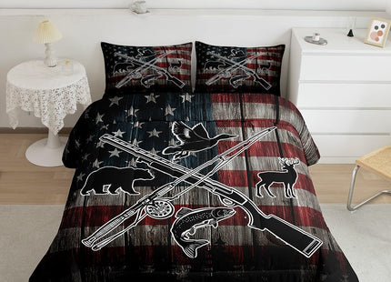 Homewish Retro American Flag Comforter Set Twin Size,Hunting and Fishing Bedding Set,Duck Deer Bear Bass Fish Wild Animals Theme Quilt Set for Kids Boys Men Teens Room Decor,Rustic Duvet Insert 2Pcs