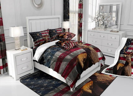 Manfei 3D Deer Fitted Sheet Twin Size American Flag Bedding Set 2pcs for Kids Boys Teens Room Decor, Wildlife Animal Elk Print Bed Cover Stars and Stripes Bed Sheet Set with 1 Pillowcase