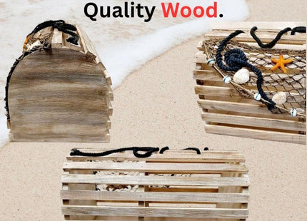 Decorative Lobster Trap Nautical Coastal Decor – Distressed Wood with Fishnet, Seashells, Crab & Starfish Accents – Perfect Beach House, Boat Decoration – Unique Ocean-Themed Gift for Sea Lovers