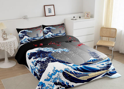 Castle Fairy Ukiyoe Ocean Wave Bedding Set Twin Size Japanese Style Comforter Set for Girls Boys Historical Building Boat Down Comforter Red Plum Blossom Flower Quilt Set with 1 Pillowcase