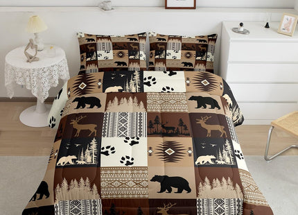 Feelyou Bear Comforter Set for Boys Deer Comforter Rustic Bear Bedding Set Toddler Size Deer Hunting Southwestern Plaid Grid Brown Duvet Set 2Pcs