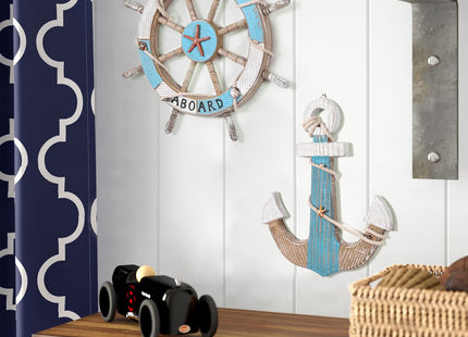 Asense Set of 2-17.4" Nautical Beach Wooden Ship Steering Wheel and 15.1" Wood Anchor with Rope, Boat Steering Rudder Wall Decor Door Hanging Ornament Beach Theme Home Decoration, Blue & White