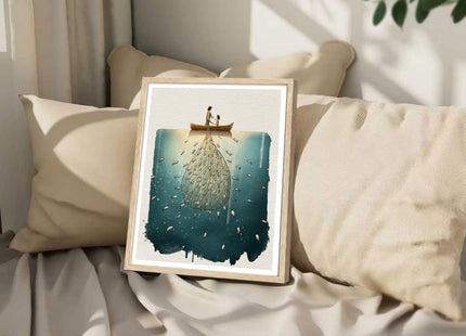 KISSFOX Jesus Fishing with Child OAK Wood Framed Wall Art Modern Christian Canvas Art Prints Inspirational Bible Pictures Wall Decor Sketch Faith Art Paintings Posters For Bedroom Living Room