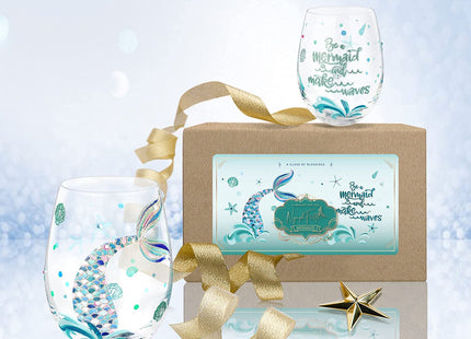 NymphFable Mermaid Set of 2 Hand-Painted Stemless Wine Glasses, 18 oz