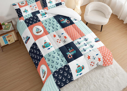 HOSIMA Nautical Bedding Set,Plaid Patchwork Pattern Hand Painted Seaplane,Boat and Anchor Comforter for Boys Kids Girls Bedroom Decor,Sea Adventure Theme Twin Comforter with 2 Pillowcases.