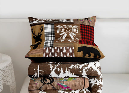 Retro Cabin Comforter Set Rustic Adventure Bear Deer Bedding Set Hunting Wildlife Wild Animal Duvet Insert Plaid Lodge Farmhouse Down Comforter Western Country Comforter + 2 Pillow Cases, Queen Size