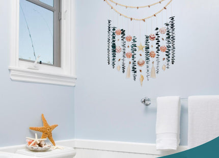 Genuine Eucalyptus Wall Decor with Natural Seashell Beach Decor Coastal Home Decorations with Fresh Eucalyptus Stems Hanging Wooden Bead Garland for Large Bedroom Bathroom Living Room 32 x 32 Inch