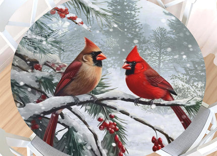 Christmas Red Bird Round Fitted Tablecloth with Elastic Edge,Water-Resistant Wipeable Winter Xmas Cardinal Bird Berry Table Cover for 40-44" Stretch Table Cloth for Dinner Indoor Outdoor Party
