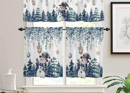 Blue Snowman Christmas Kitchen Curtain Set, Coastal Xmas Tree Curtains Valance and Tier 36 Inch Length, Farmhouse Eucalyptus Rod Pocket Kitchen Window Short/Half/Small Tier Starfish Curtain Drapery