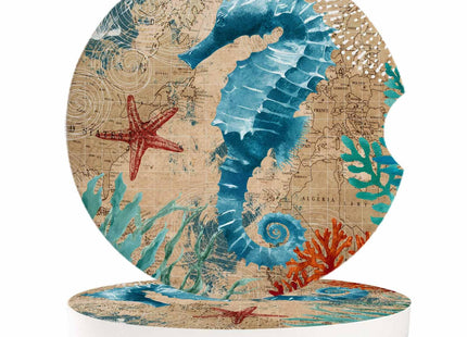 Small Coasters for Cup Holders - Absorbent 2.65" Ceramic Stone Drink Auto Coasters 2 Pack - Nautical Seahorse Design