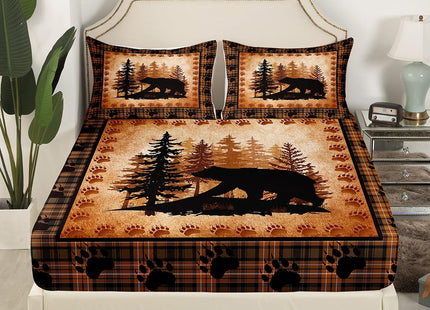 Castle Fairy Bear Print Bed Sheet Set for Boys Girls,Wild Animal Hunt Pine Trees Retro Bed Sheet Set Full Size Bedding Set,Rustic Grid Plaid Cabin Decor Fitted Sheet and 1 Flat, 2 Pillow Sham