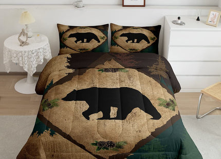 Homewish Lodge Cabin Comforter Set King Size 3 Pcs Wild Bear Retro Grid Rustic Style Comforter for Kids Teens Adults Outdoor Animal Pine Trees Silhouette Bedding Set with 2 Pillowcases+1 Comforter