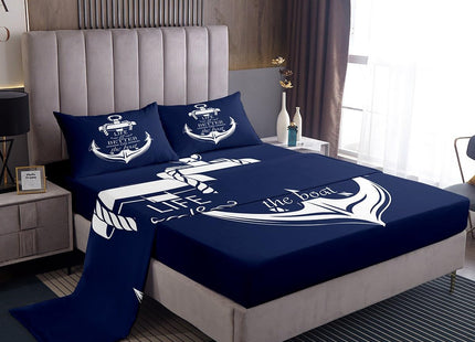 Castle Fairy Nautical Anchor Bed Sheet Set King Size,Boat Life Themed Art Anchor Print Deep Pocket Fitted Sheet,1 Flat,2 Pillowcases,Blue Ocean Themed Navy Bed Mattress Cover, Bedroom Decor