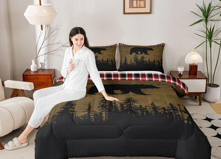 Erosebridal Bear Buffalo Plaid Comforter Set Twin Size 2 Piece Bedding Set