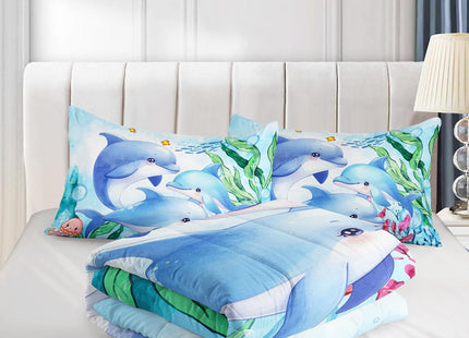 XYNHML Dolphins Animal Aqua Blue Green Sea Comforter 3pcs Twin Kids Coral Jellyfish Comforter Set for Boys Girls Ocean Waves Bedding Fish Quilt Bed Set with 1 Comforter and 2 Pillowcases