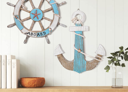 Asense Set of 2-17.4" Nautical Beach Wooden Ship Steering Wheel and 15.1" Wood Anchor with Rope, Boat Steering Rudder Wall Decor Door Hanging Ornament Beach Theme Home Decoration, Blue & White