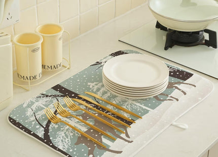 Winter Dish Drying Mat 18 x 24 inch Winter Landscape Snow Tree Deer Decorative Drying Mats Microfiber Absorbent Holiday Dish Washable Draining Mat for Kitchen Counter Decor