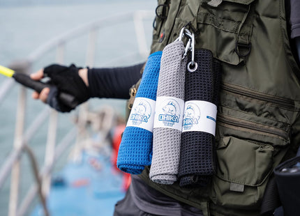 OHIKA Microfiber Fishing Towels with Clip, Waffle Pattern for Effective Cleaning of Fishing Gears or Dirty Hands, 16” x 16”, Camping Towels, Hiking Towels, Pack of 3 (Black/Grey/Blue)