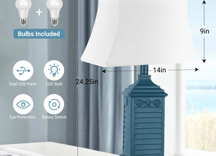 Set of 2 Table Lamps for Living Room Bedrooms, Coastal Nautical Navy Blue Bedside Nightstand Lamp with 2 USB Ports 1 AC Outlet, 3-Color Temperature Farmhouse Beach End Tables Lamp with LED Bulbs