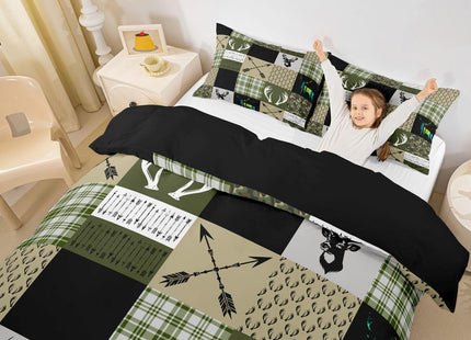 Erosebridal Woodland Animal Duvet Cover King, Deer Moose Wild Animals Comforter Cover, Checked Plaid Patchwork Bedding Set, Arrow Army Green Marble Texture Quilt Cover Western Farmhouse Decor
