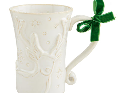 Mud Pie White Christmas Reindeer Mug, Embossed Stoneware Mug, 12 Ounce
