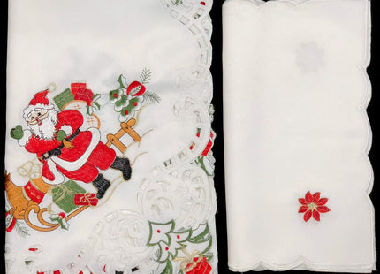 Creative Linens Holiday Christmas Tablecloth 70x90 with 8 Napkins, Embroidered Santa Reindeer Red Poinsettia, Winter Table Linen, Rectangular, White