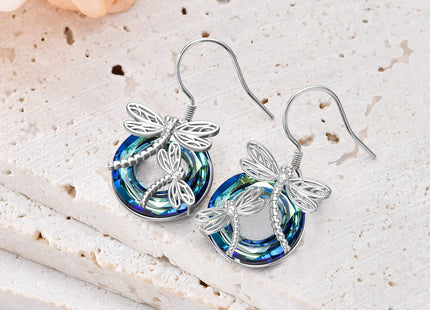 TOUPOP Dragonfly Sterling Silver Earrings with Blue Circle Crystal Dragonfly Dangle Drop Earrings - Women's Mom Birthday Gifts