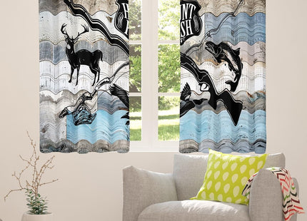 Castle Fairy Hunt Fish Window Curtains,Deer Bird Fish Animal Hunting Kitchen Window Treatments,Rustic Retro Wooden Board Decor Blackout Window Drapes for Bedroom Living Room, 2 Panels, 52Wx84L inch