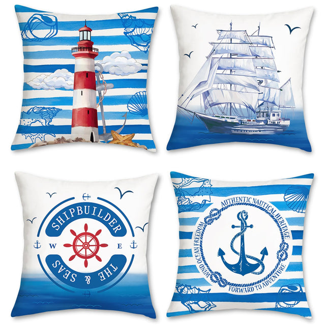 Bonhause Nautical Sailing Throw Pillow Covers 18 x 18 Inch Set of 4 Blue Anchor Lighthouse Sailboat Decorative Throw Pillow Cases Soft Velvet Outdoor Cushion Covers for Sofa Car Bedroom Home Decor