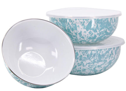 Golden Rabbit Enamelware Nested Mixing Bowls with Lids, Set of 3, Sea Glass