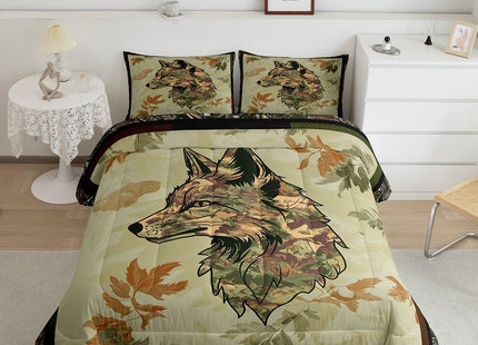 Wolf Bedding Set Twin For Boys Woodland Camo Hunting Comforter Set Army Green Tree Branches Camouflage Wild Animal Quilt Comforter For Adults Men,Botanical Leaves Rustic Duvet 1 Pillow Case