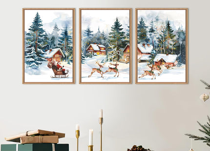 Ausril Christmas Santa Sleigh Deer Framed Canvas Wall Art Set -24"x36"x3