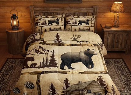 Feelyou Lodge Cabin Comforter Set Toddler Size Gray Bear Pine Tree Silhouette Pattern Quilted Duvet with 1 Pillowcases+1 Wild Animal Western Jungle Style Bedding for Teens Adults 2 Pcs