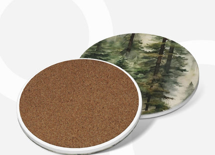 Misty Mountain Green Forest 6 Pcs Ceramic Coaster Set with Holder/Cork Pine Tree Landscape Foggy Woodland Absorbent Round Cup Drink Coasters Set for Modern Coffee Table Bar Wine Beer Protect