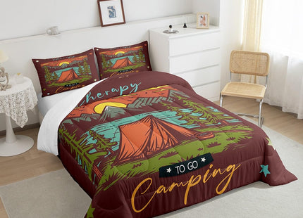 Erosebridal Rustic Camper Comforter Set Twin for Kids Adults,Camping Tent Bedding Set Retro Adventure Room Decor,Mountain River Pine Tree Comforter Set Nature Scene Quilt Bed Set with 1 Pillow Case