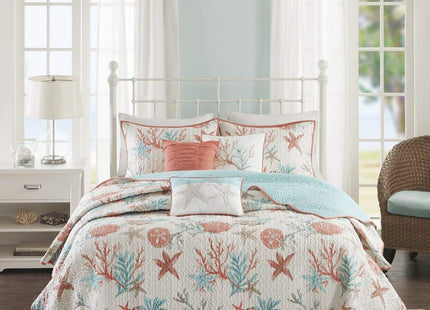 DH 6 Piece Vibrant Orange Pink Blue White King Quilt Set, Coral Tourquoise Teal Starfish Beach Themed Bedding Sea Shell Anchor Reversible Nautical Coastal Sand Dollar Ocean Sea Life, Cotton