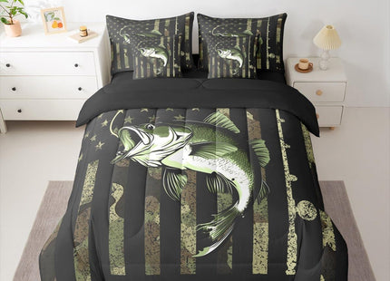 Erosebridal Bass Fish Comforter Set with Sheets (7 Pieces,Twin Size) - Army Green American Flag Bedding Set for Kids Boys Teens Men Hunting Fishing Bed in A Bag Big Pike Fish Bedding Collections