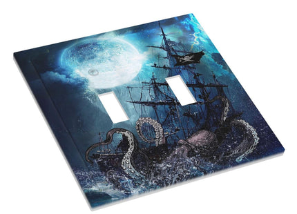 Moon Ocean Nautical Octopus 2 Gang Double Toggle Light Switch Cover Electric Wall Plate Electrical Faceplate for Bathroom Home Living Room Jumbo Size Decor
