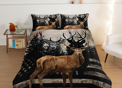 HOSIMA Snowy Forest Deer Comforter Set with 2 Pillowcases,Camo American Flag Twin Bed in a Bag Hunting Bedding Set for Teen Mens Bedroom Essentials,Wildlife Elk Comforter Boys Room Decor.
