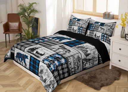 Hunting Wolf Bear Deer Bedding Set For Kids Boys Retro Blue Black Grey Plaid Buffalo Plaid Lodge Comforter Cover King Rustic Farmhouse Cabin Duvet Cover Woodland Animal Bed Set 2 Pillow Cases