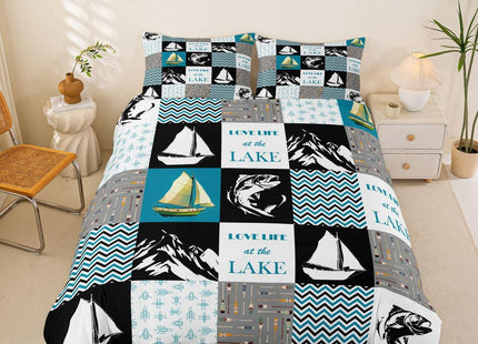Lake House Duvet Cover Full Size,Retro Sailboat Fishing Comforter Cover Geometric Plaid Ripple Patchwork Bedding Set Rustic Farmhouse Bedspread Cover For Kids Boys Teens,Blue Black White,Corner Ties